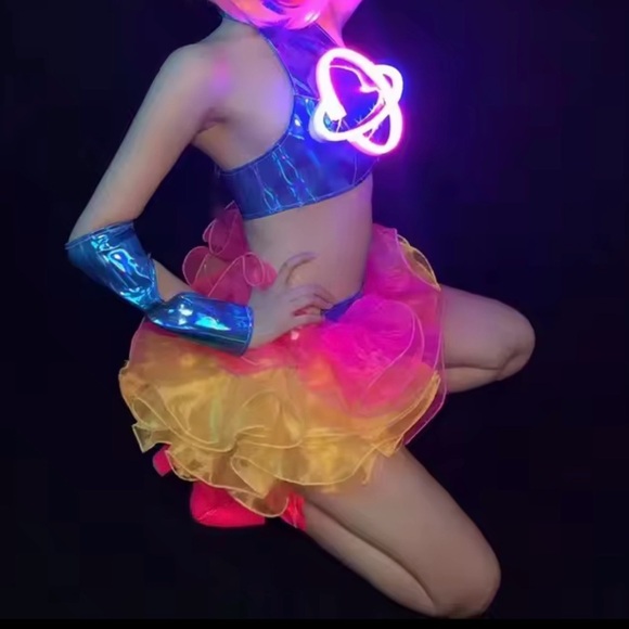 Holographic LED Light Up Planet Crop Pink, Blue Yellow Tulle Tutu Mini Dress Set - Picture 5 of 8